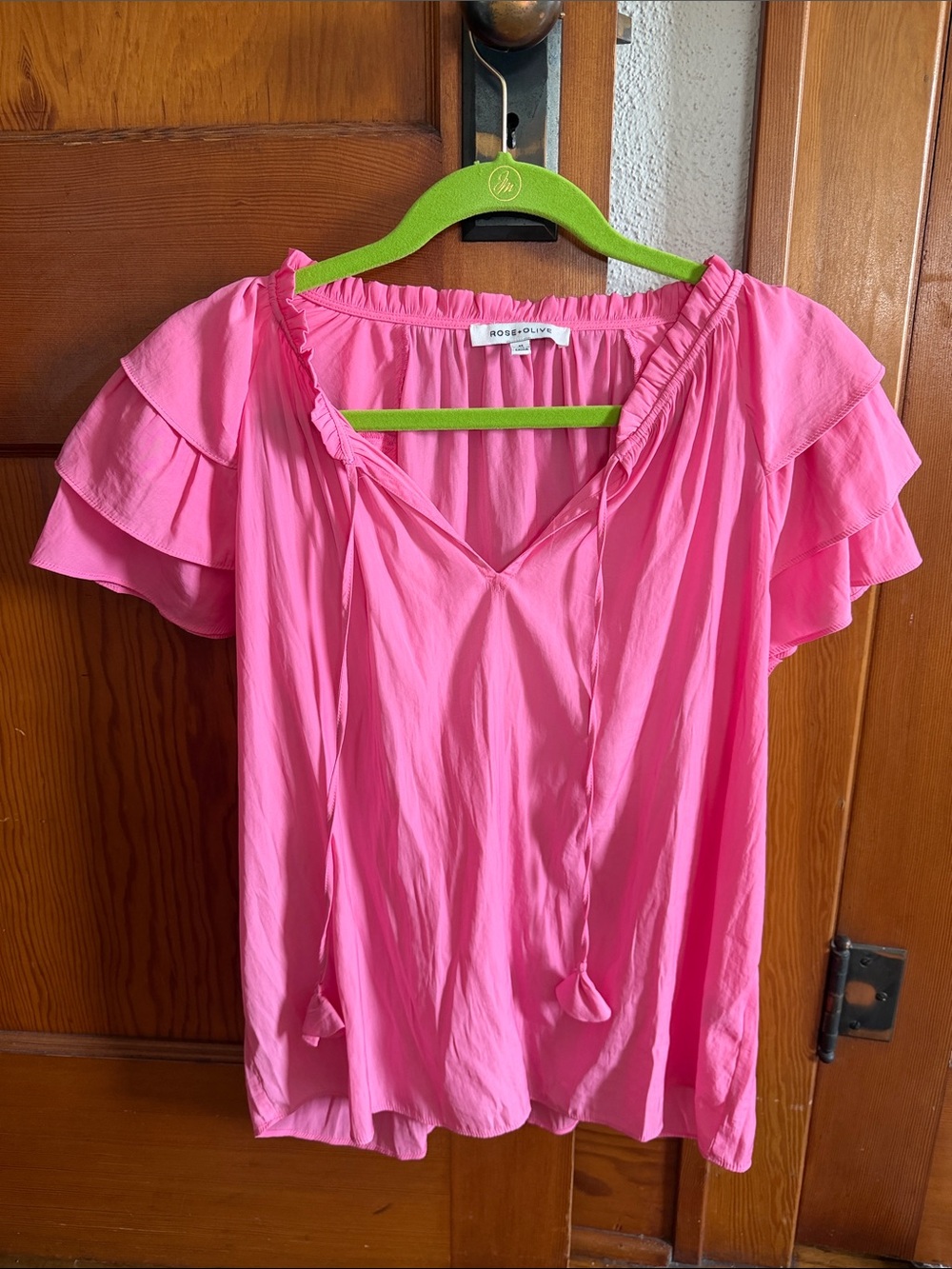 Rose+Olive Pink Ruffle Sleeve V-Neck Blouse